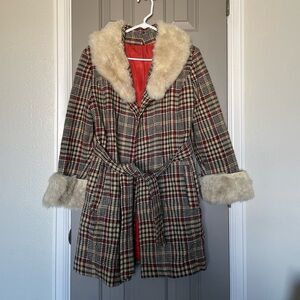 Vintage Penny Lane Style Plaid Houndstooth Fur Collar Coat Belt Jacket